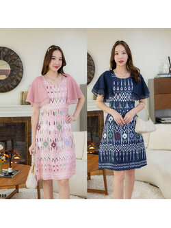 kudapy เดรสสั้นสีกรม/สีชมพู ลายไทยแต่งเเขนระบายสองชั้น