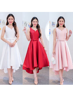 kudapy เดรสกระโปรงทรงหน้าสั้นหลังยาวสีขาว/สีแดง/สีชมพู อกหัวใจ คอระหงษ์ มาพร้อมเข็มขัดถอดได้