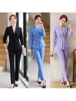 kudapy ชุดสูททำงานผู้หญิงสีดำ/สีม่วง/สีฟ้า ปกป้านแต่งกระดุมสองเม็ดพร้อมกางเกง