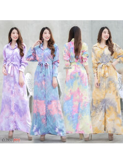 kudapy เดรสยาวสีม่วง/สีเหลือง/สีฟ้า/สีชมพู ผ้า 100D ลายมัดย้อมสีพาสเทล ผ้านิ่มทิ้งตัวใส่สบายสวยมาก