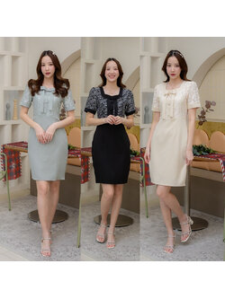 kudapy เดรสสั้นสีครีม/สีเขียว/สีดำ เเต่งเสื้อลายดอกผูกโบว์ที่คอ