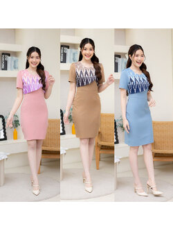 kudapy เดรสสั้นสีชมพู/สีน้ำตาล/สีฟ้า ลายไทยครึ่งท่อน ใสทำงาน ออกงานสวยดูดี