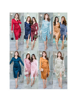 kudapy เดรสสั้นออกงาน แขนยาว กปสั่นจีบระบายข้าง ผ้าเครปซาติน