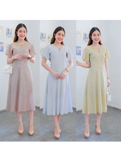 kudapy เดรสสั้นสีชมพู/สีทอง/สีเทา ผ้า glitter แขนกระดิ่ง กระโปรงบาน แต่งคอเจาะวี