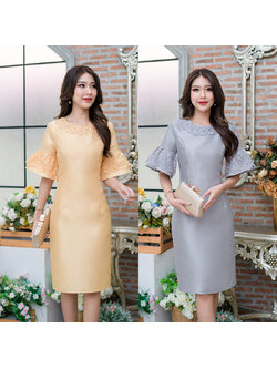 kudapy เดรสสั้นสีทอง/สีเทา ผ้าไหมญี่ปุ่น ช่วงแขนเป็นงานแขนบานทรงกระดิ่งใส่จริงสวยหรูหราทรงกำลังดี