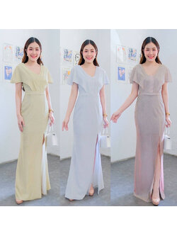 kudapy เดรสยาวสีชมพู/สีทอง/สีเงิน ผ้า glitter คอวี แขนค้างคาว (ค้างคาว) กระโปรงหางปลาผ่าหน้า