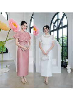 kudapy เดรสยาวลูกไม้ผ้าไหมคลุมไหล่ระบาย แต่งรอบคอด้วยลูกไม้สวยหรู กระโปรงเป็นงานผ้าไหมญี่ปุ่น