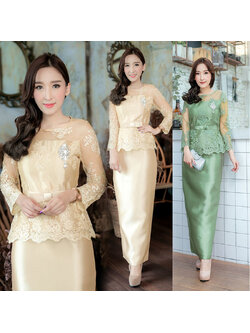 kudapy เซ็ท เสื้อ+กระโปรงสีเขียว/สีทอง แถมฟรีเข็มขัดผ้าเข้าชุด งานเสื้อใช้ลูกไม้อิตาลีเนื้อลูกไม้ทอแน่นนูนเนื้อไม่นิ่มแน่นสวยงามกระโปรงใช้ผ้าไหมอิตาลีทอสี่เส้นผ่าหลังงานเป็นชิปหละงใส่สบาย