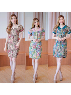 kudapy เดรสสั้นสีชมพู/สีเขียว/สีครีม คอบัวลูกไม้ผ้าทอ