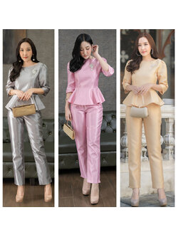 kudapy งานเซ็ต 2ชิ้น สีทอง /สีชมพูกลีบบัว / สีเทา (เสื้อ+กางเกง) ชุดผ้าไหมญี่ปุ่นเนื้อทราย เนื้อผ้ามันเงา แขนทรงกระบอกสามส่วน