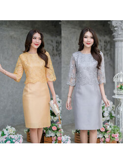 kudapy เดรสสั้นสีเหลืองทอง/สีเทา ผ้าไหมลูกไม้ปัก งานดีไซน์เย็บคลุมด้วยเสื้อลูกไม้แขนศอกด้านบน
