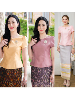 kudapy งานเสื้อผ้าไหมญี่ปุ่นสีกะปิ // ทอง // โอรส คอกลมแหวกหน้า แต่งกระดุมมุก แขนสั้นจับจีบ เอวดีด อัดกาวบุซับในอย่างดี (เฉพาะเสื้อ)