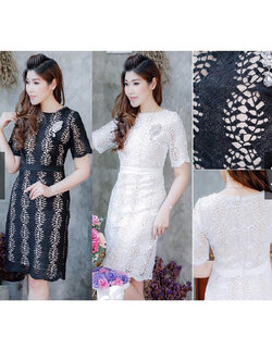 kudapy เดรสสั้นลูกไม้สีดำ/สีขาว แขนสั้น แต่งซับในสีเนื้อตัดกับสีชุดโชว์ลายลูกไม้สวยๆ ผ้าลูกไม้หนาเนื้อดีลายชัดเจน