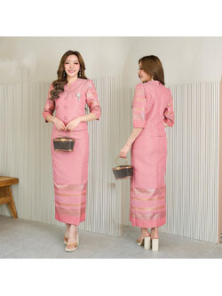 kudapy เซ็ทกวินตราสีโอรส ผ้าไหมกวินตาทอลายสอดดิ้นทองอัดกาวทั้งชุด หวานให้ลุคผู้ดี ดูสง่า เสริมออร่าให้ผู้สวมใส่ได้เป็นอย่างดี