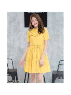 kudapy เดรสสั้นสีเหลือง ผ้าพื้นคอระบายเอวผูกโบว์