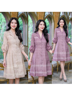 kudapy เดรสสั้นสีม่วง/สีครีม ลายไทยลายขอ ทรงดีดูหรูหราที่สุด ดีไซน์คอปกกระดุมหน้างานกระดุมใช้งานได้จริง ช่วงแขนเป็นงานทรงแขนบอลลูน ปลายแขนพองกลมสวยมากๆ