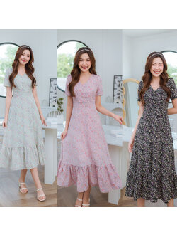 kudapy เดรสยาวสีชมพู/สีดำ/สีเขียว ผ้าลื่นลายดอก ใส่สบายๆ สไตล์สาวเดรสเวิลด์ ปลายระบาย งานน่ารักมาก