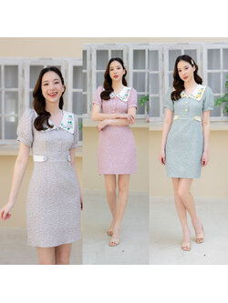 kudapy เดรสสั้นสีเทา/สีชมพู/สีเขียว ผ้าทอลายนูนดอกไม้คอปกปักลายกุหลาบ เป็นเดรสที่น่ารักมากน้า