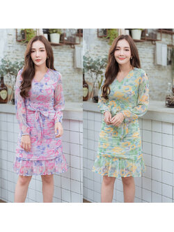 kudapy เดรสสั้นสีชมพู,สีเขียว กระโปรงอัดจีบลายดอกสวยดูดีใส่สบาย