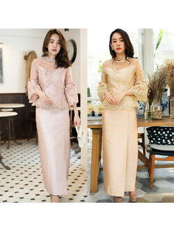 kudapy ชุดไทยประยุกต์สีทอง ผ้าลูกไม้ฝรั่งเศสปักดิ้นทอง เล่นไฟดีมากคะ ดีเทลสวยตามแบบเลยค่ะ