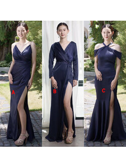 kudapy ชุดราตรียาวสีน้ำเงินกรมท่า ใส่ออกงาน แบบ A เดรสสายเดี่ยว แบบ B เดรสแขนยาวผ่าหน้า แบบ C เดรสเปิดไหล่แต่งดีเทล