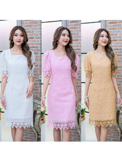 kudapy เดรสสั้นสีชมพู/สีขาว/สีน้ำตาลเบจ ผ้าคอตตอนปักลาย ผ้านิ่มสวย มีดีเทลแต่งเชิงลูกไม้ช่วงปลายแขนและชายกระโปรงเพิ่มความหวาน