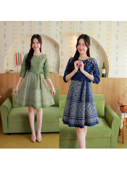 kudapy เดรสสั้น ผ้าไทยแขนยาวศอกเอวแต่งโบว์