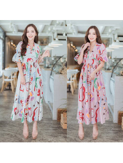 kudapy เดรสยาวคอวี แขนพอง สีขาว,สีชมพู คอวีกระดุมหน้าดูดีสวยใส่สบายสไตส์คุรหนูมากๆ