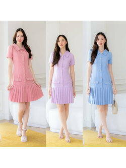 kudapy เเดรสสั้นสีชมพู/สีม่วง/สีฟ้า เดรสคอปกกระดุมมุกกระโปรงพลีท