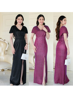 kudapy ดรสยาวสีดำ/สีม่วง ผ้า glitter คอวี แขนค้างคาว (ค้างคาว) กระโปรงหางปลาผ่าหน้า ใส่ออกงานสวยดูดี