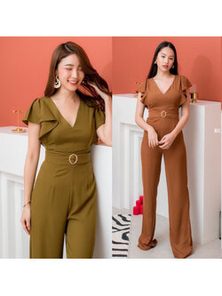 kudapy จั๊มสูทคอวีขายาวสีน้ำตาล สีเขียว ระบายแขน มาพร้อมเข็มขัด เนื้อผ้านำเข้าอย่างดี ทรงสวยมาก