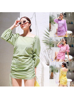 kudapy เดรสสั้นสีชมพู/ม่วง/เหลือง/เขียว ซิปหลังใส่ง่าย แขนพองนิดๆ คือแซ่บ เนื้อผ้าดียืดหยุ่นได้