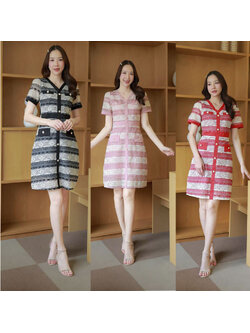 kudapy เดรสสั้นสีชมพู/สีแดง/สีดำ เสื้อลวดลายลูกไม้แต่งกระเป๋า