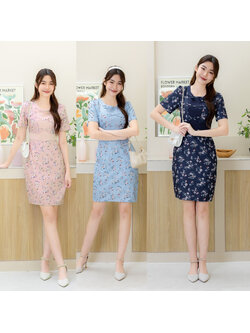 kudapy เดรสสั้นสีชมพู/สีฟ้า/สีกรม ใส่ทำงาน ลายดอกแถบคาดเอว