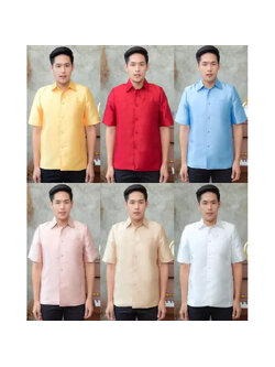 เสื้อผ้าไหมผู้ชาย คอปก กระดุมหน้า แขนสั้น เรียบหรู ดูดี สไตล์คุณพ่อบ่าวสาว สีเหลือง/ แดง /ฟ้า/ ชมพู/ ทอง /ขาวงาช้าง