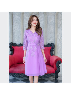 kudapy เดรสสั้นสีม่วง ลูกไม้ปักเกรดพรีเมี่ยมสวยหรูตกแต่งเลื่อมทั้งตัว ช่วงกระโปรงเป็นผ้า chiffon