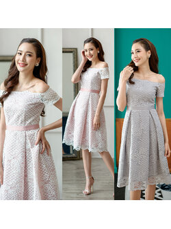 kudapy เดรสสั้นสีเทา/สีขาว ผ้าลูกไม้เปิดไหล่สีเทาซับในสีเทา ลายเชิง กระโปรงจีบทวิสลายเชิงลูกไม้ สวยหรูมากๆค่ะ