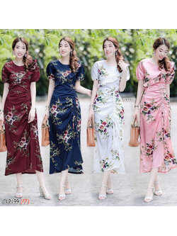 kudapy เดรสยาวสีชมพู กรม ครีม ขาว แดงผ้าวูลพีชพิมพ์ลายดอกกุหลาบ แขนบาบี้ปลายแขนจั้มยาง