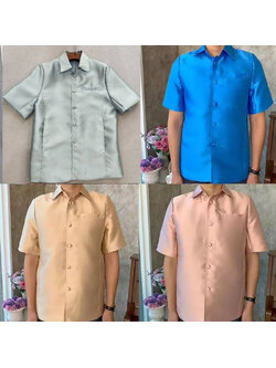 เสื้อผ้าไหมผู้ชาย สีทอง สีฟ้าเข้ม สีเทาฟ้า สีชมพูโรสโกลด์ เชิ้ตคอปก กระดุมหน้า แขนสั้น