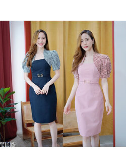 kudapy เดรสสั้นสีชมพู/สีดำ แขนทรงดินสอแต่งสร้อยมุก