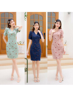 kudapyเดรสสั้นสีกรม/สีเขียว/สีชมพู เดรสสีพื้นคอป้ายแต่งกระดุม 5 ชิ้น