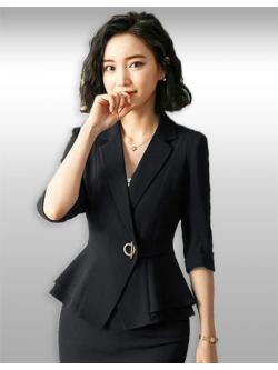 kudapy เสื้อสูทผู้หญิงสีดำแขนสั้นพับแขน แต่งเอวระบายสไตล์สวยหรู