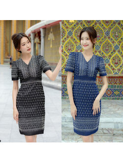 kudapy เดรสสั้นสีกรม/สีดำ ผ้าไทยคอวีลายขอเล็ก ใส่ทำงาน ไปงานวัดสวยดูดี