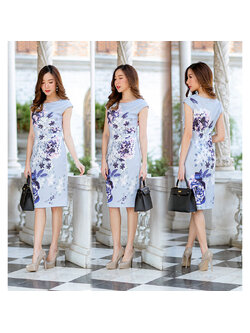 kudapy เดรสสีฟ้า สไตล์เรียบหรู มาพร้อมดีเทลเก๋ๆคอปาด เนื้อผ้าพิมลายอย่างดี