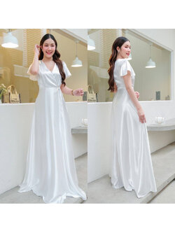 kudapy เดรสยาวสีขาว คอวีเเขนระบาย เนื้อผ้าชาตินเงา ชุดเจ้าสาวมินิมอล ชุดถ่ายพรีเวดดิ้ง ผ้าเครปเกาหลี ซับในยาวทั้งตัว