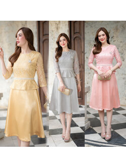 kudapy เดรสผ้าไหมญี่ปุ่น แต่งลูกไม้ฝรั่งเศสทอแน่น คอกลม แขนแต่งลูกไม้เนื้อนิ่มไม่คัน เอวแต่งมุกทรงกระโปรงบาน