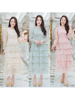 kudapy เดรสยาวชีฟองสีชมพู,สีครีม,ลายดอกแขนยาวแต่งระบายกระโปรงชั้นสวยดูดี