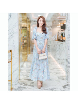 kudapy เดรสยาวสีฟ้า คอกว้างแขนตุ๊กตาสวยใส่สบายดูดี