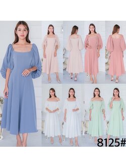 kudapy เดรสยาว คอเหลี่ยม แขนพองจีบรูด คัตติ้ง บอดี้ผ้าประกอบ8ชิ้น กระโปรงบานตีเกร็ดเอว