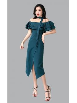 เดรสออกงานผ้าโพลีเอสเตอร์ผสมสีเขียวเข้ม ใส่ได้หลากหลายแบบ ทั้งแบบปกติ แบบไหล่ป้าน